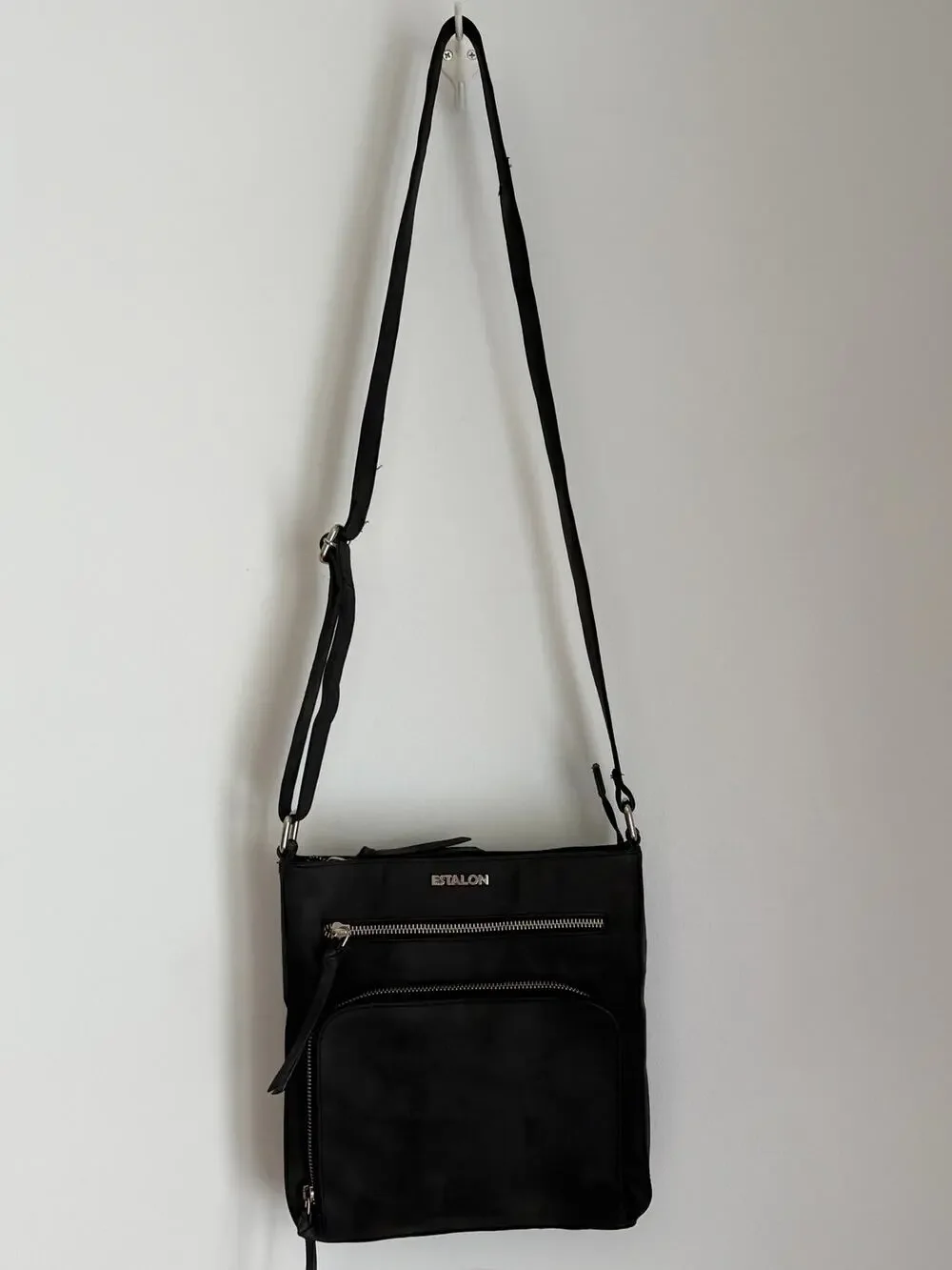Estalon Black Leather Crossbody Bag Multi Pocket Adjustable Strap Travel Purse